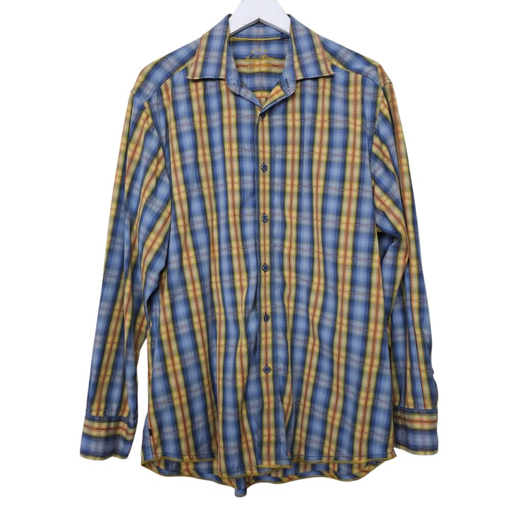 Indigo Palms Mens Large Plaid Button Down Shirt Blue Yellow Long Sleeve